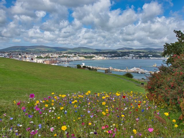 View from Douglas Head out to sea and across Douglas Promenade.